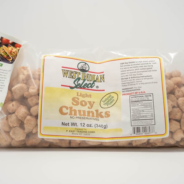 A clear plastic bag of West Indian Select Light Soy Chunks, with nutritional information visible.
