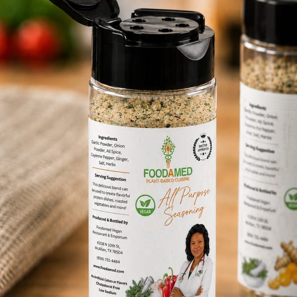 Two Foodamed All Purpose Seasoning bottles, one in focus, showing ingredients and a doctor.