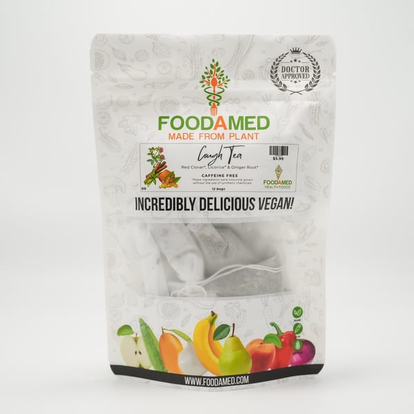 Foodamed Cough Tea packaging, featuring red clover, licorice, and ginger root, with a "Doctor Approved" seal.