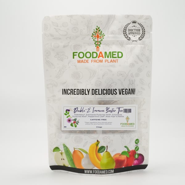 A white pouch of Foodamed Double E Immune Booster Tea, with fruit and vegetable illustrations.