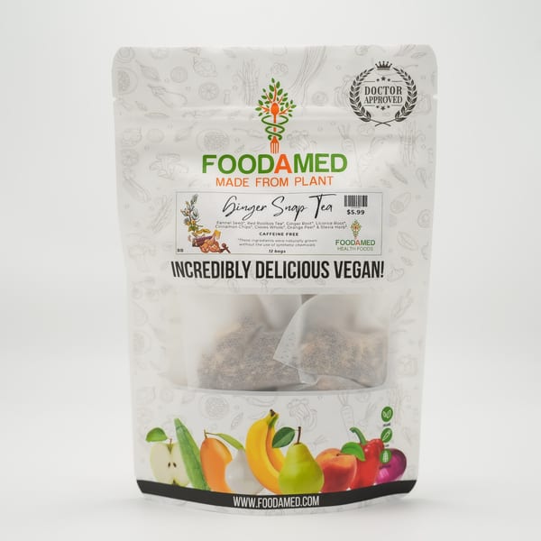 A white Foodamed Ginger Snap Tea bag with a clear window showing tea bags, fruits, and vegetables.