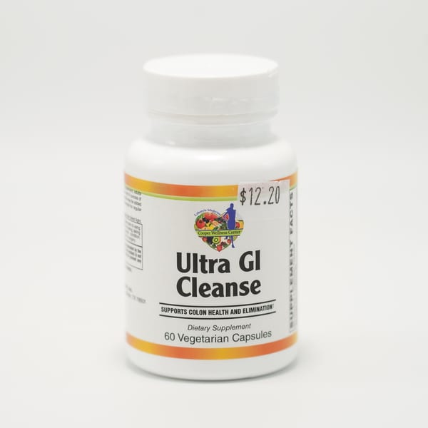A white bottle of "Ultra GI Cleanse" dietary supplement with a $12.20 price tag.