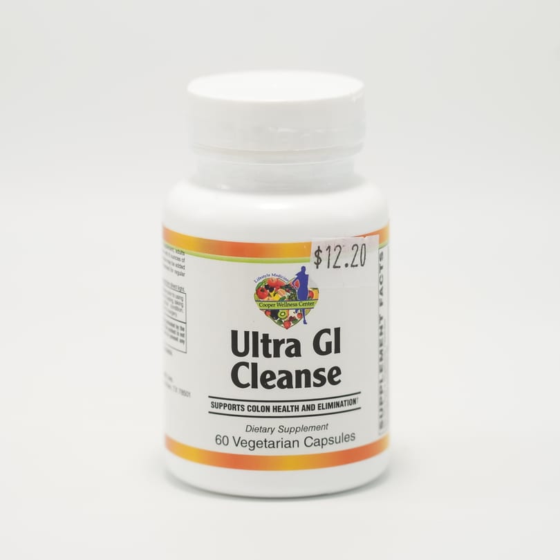 A white bottle of "Ultra GI Cleanse" dietary supplement with a $12.20 price tag.