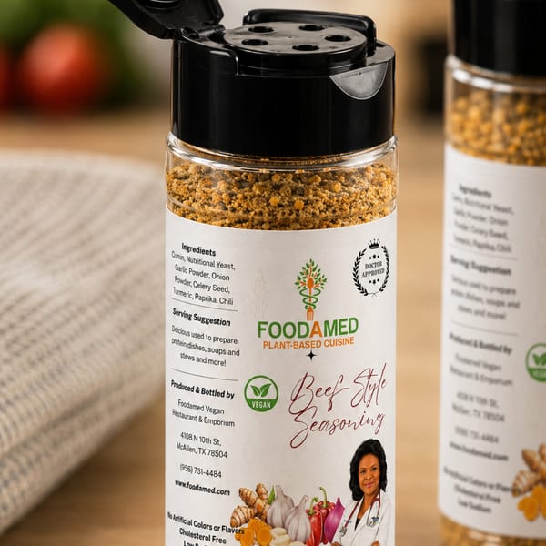 Close-up of Foodamed Plant-Based Cuisine Beef Style Seasoning bottle with ingredients and doctor's approval label.
