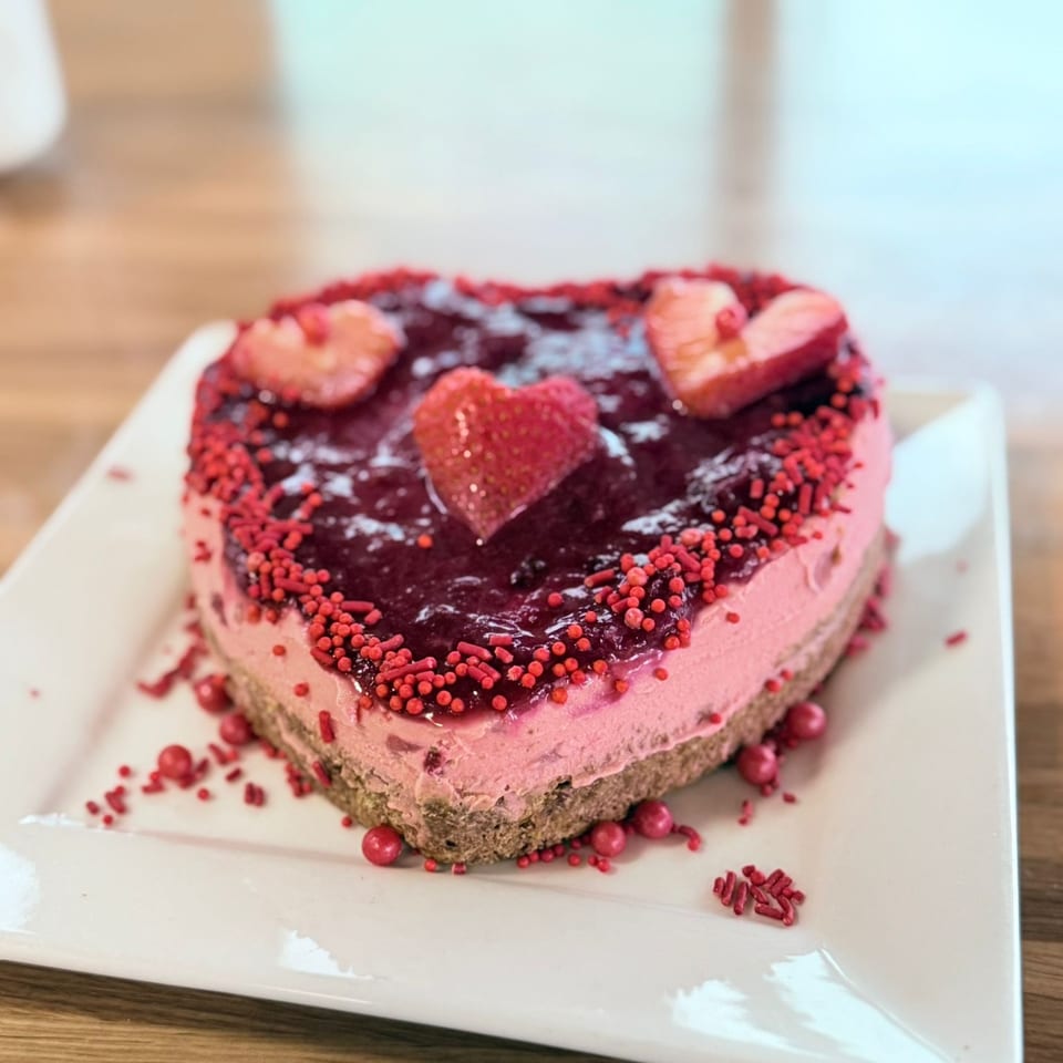 Heart-shaped pink cheesecake with berry topping and red sprinkles on a white plate.