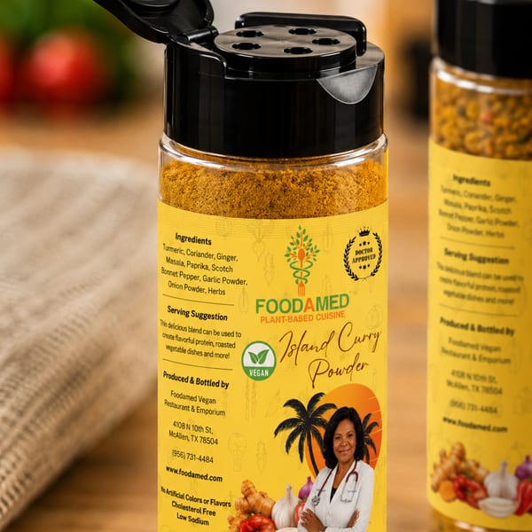 Close-up of a Foodamed Island Curry Powder bottle with a doctor's image and ingredients listed.