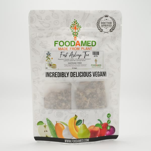Foodamed Fast Asleep Tea packaging, featuring ingredients like passion flower, chamomile, lemon balm, and catnip.