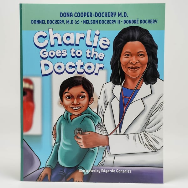 Book cover for "Charlie Goes to the Doctor" showing a smiling doctor and a young boy.