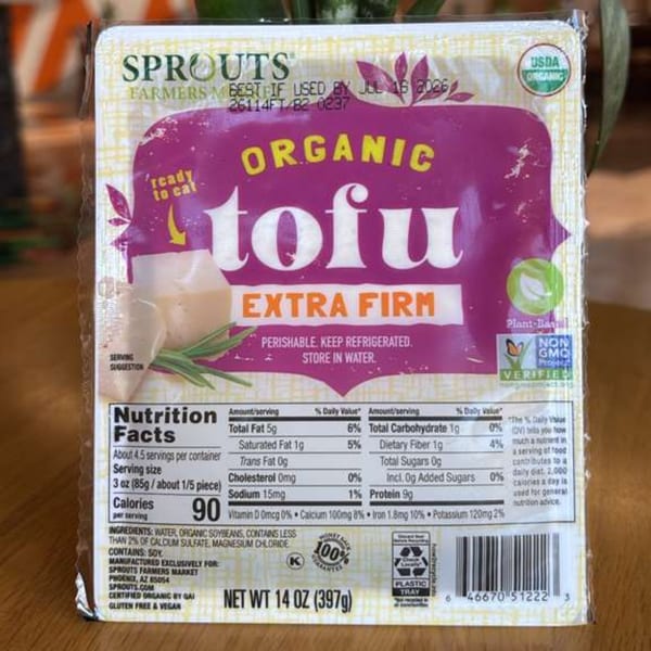 Sprouts Farmers Market Organic Extra Firm Tofu package with nutrition facts and ingredients.