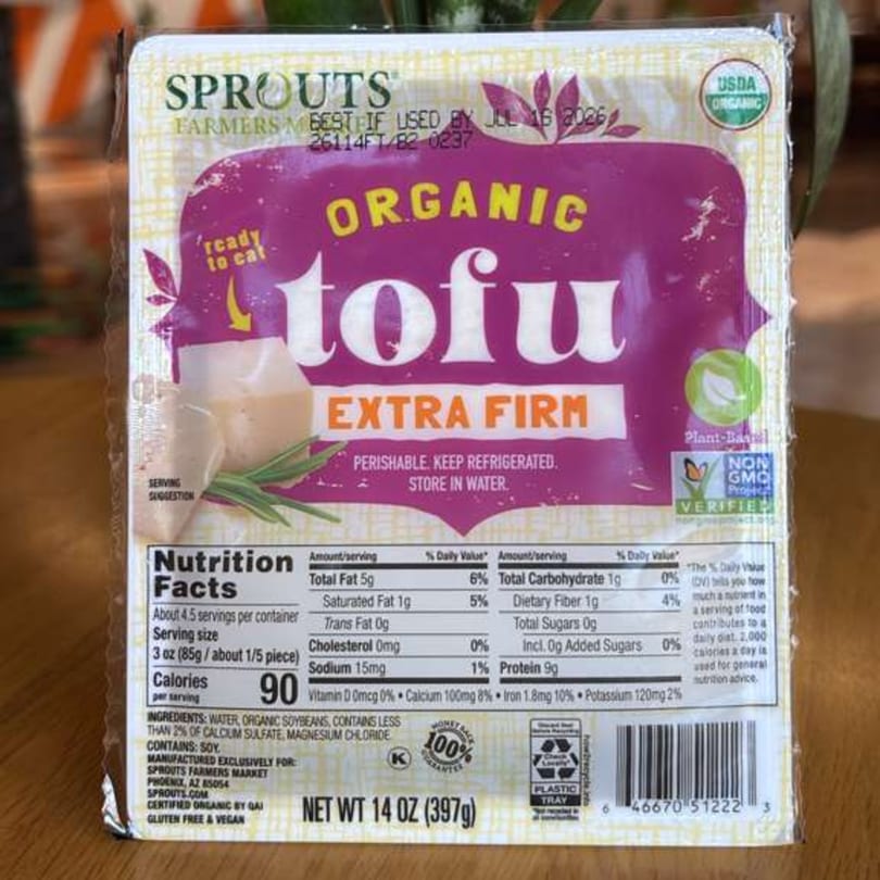 Sprouts Farmers Market Organic Extra Firm Tofu package with nutrition facts and ingredients.