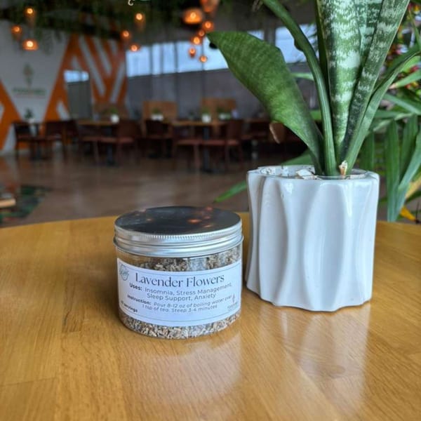 A jar of "Lavender Flowers" tea and a potted snake plant on a wooden table in a restaurant.