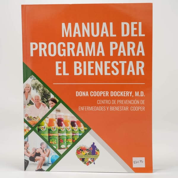 Orange book cover with title "MANUAL DEL PROGRAMA PARA EL BIENESTAR" and images of healthy living.
