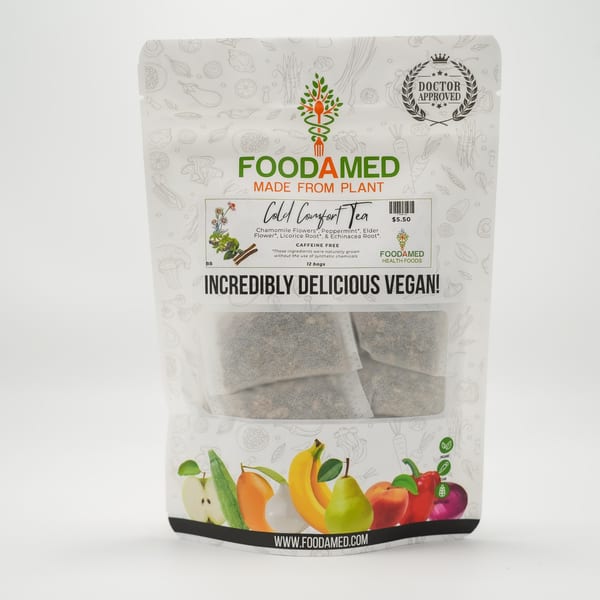 Foodamed Cold Comfort Tea packaging, featuring a clear window showing tea bags and fruit illustrations.