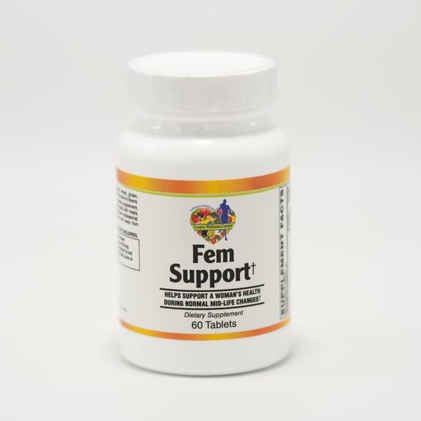 A white bottle of "Fem Support" dietary supplement with a Cooper Wellness Center logo.