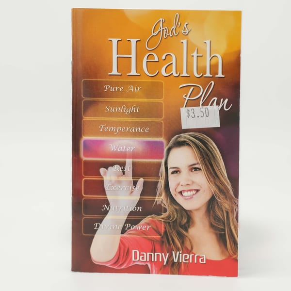 God's Health Plan book cover with a smiling woman, listing health principles, by Danny Vierra.