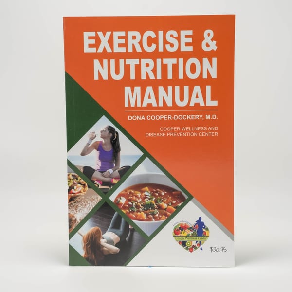 An "Exercise & Nutrition Manual" book with images of a woman exercising and healthy food.