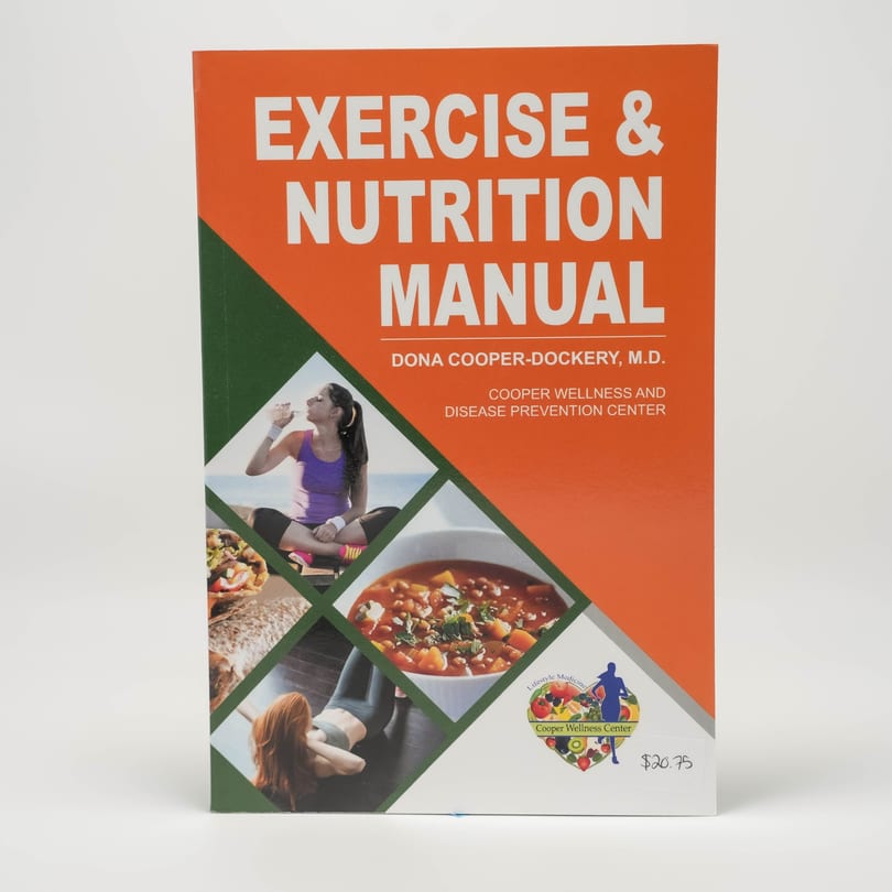 An "Exercise & Nutrition Manual" book with images of a woman exercising and healthy food.