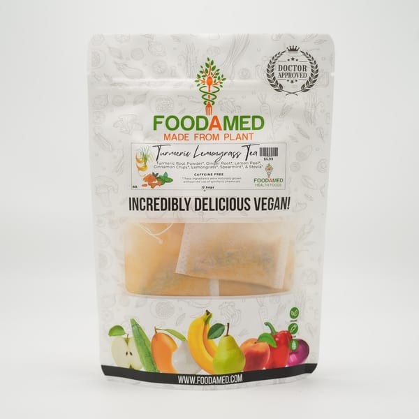 Foodamed Turmeric Lemongrass Tea packaging, featuring tea bags and fruit illustrations on a white background.