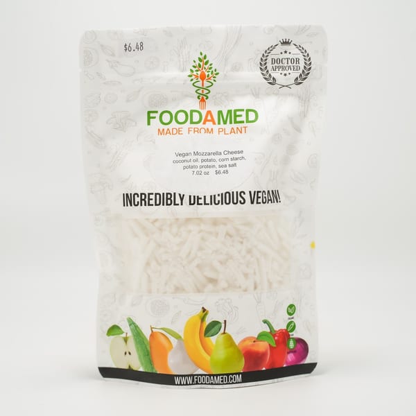 Foodamed vegan mozzarella cheese in a clear package with fruit and vegetable illustrations.