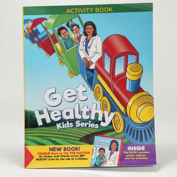 Activity book cover with a doctor and two children riding a colorful train, titled "Get Healthy Kids Series".