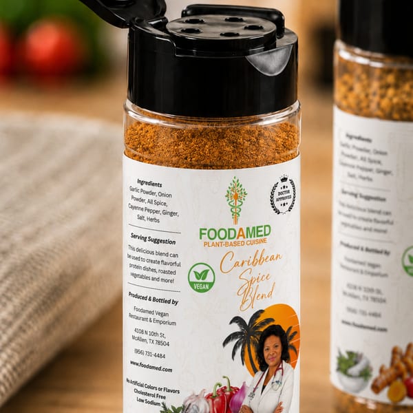 A close-up of a Foodamed Caribbean Spice Blend bottle with a doctor's image on the label.