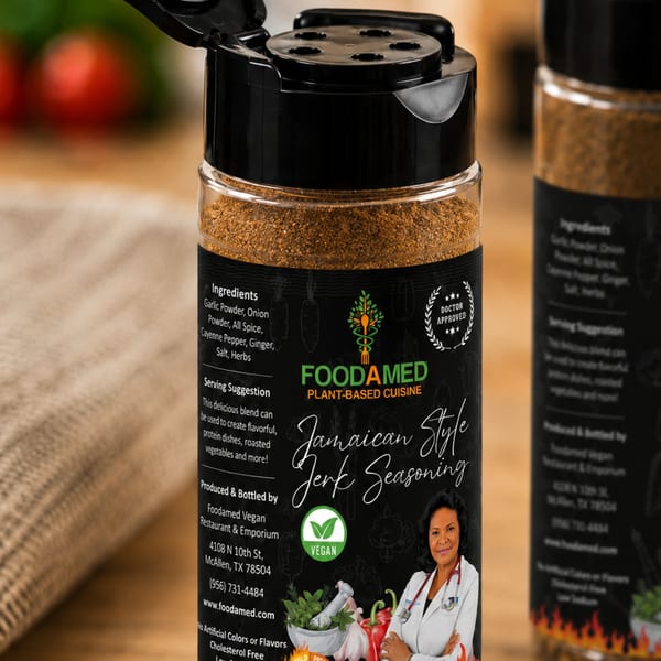 Two Foodamed Jamaican Style Jerk Seasoning bottles with a doctor's image on the label.