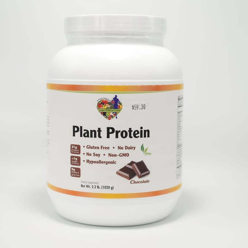 A white tub of Cooper Wellness Center chocolate plant protein powder with a $59.30 price tag.