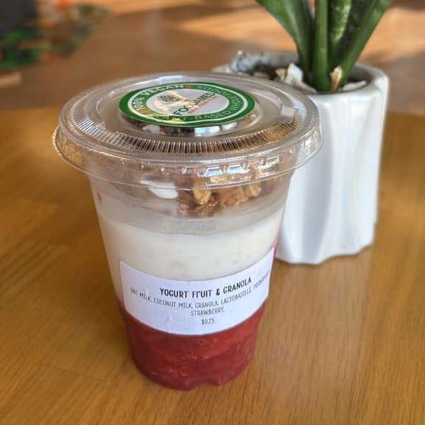 Vegan yogurt parfait with strawberry, granola, and a plant on a wooden table.