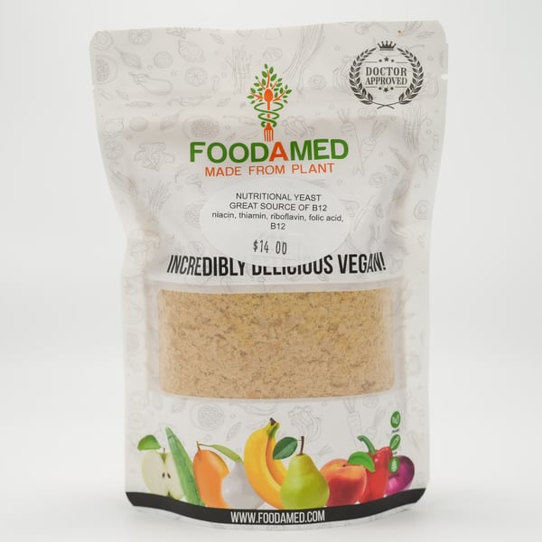 Foodamed nutritional yeast in a white pouch with a clear window, displaying the product and label.